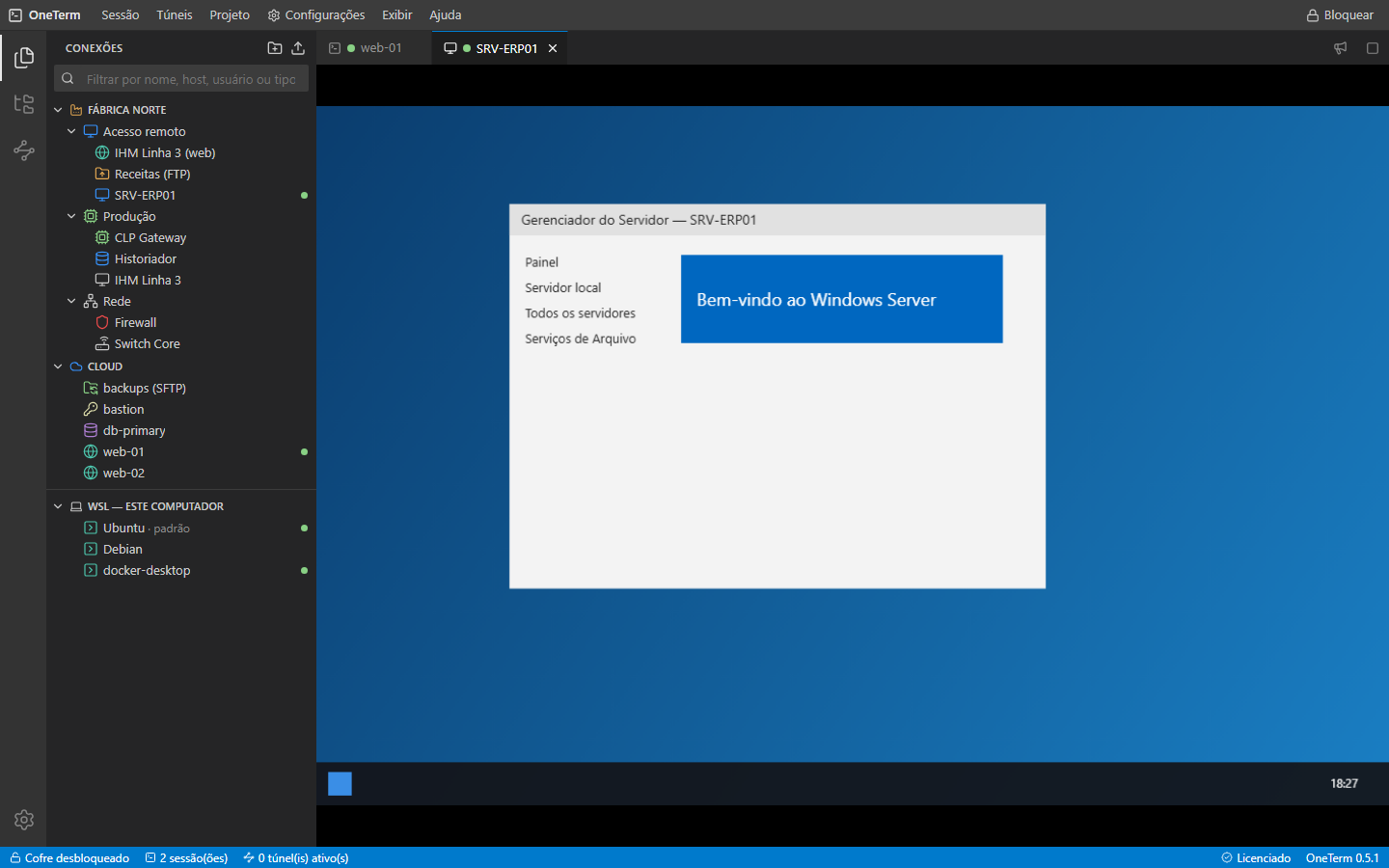 Área de trabalho remota de um servidor Windows numa aba, com conexões RDP, FTP, web e WSL na árvore