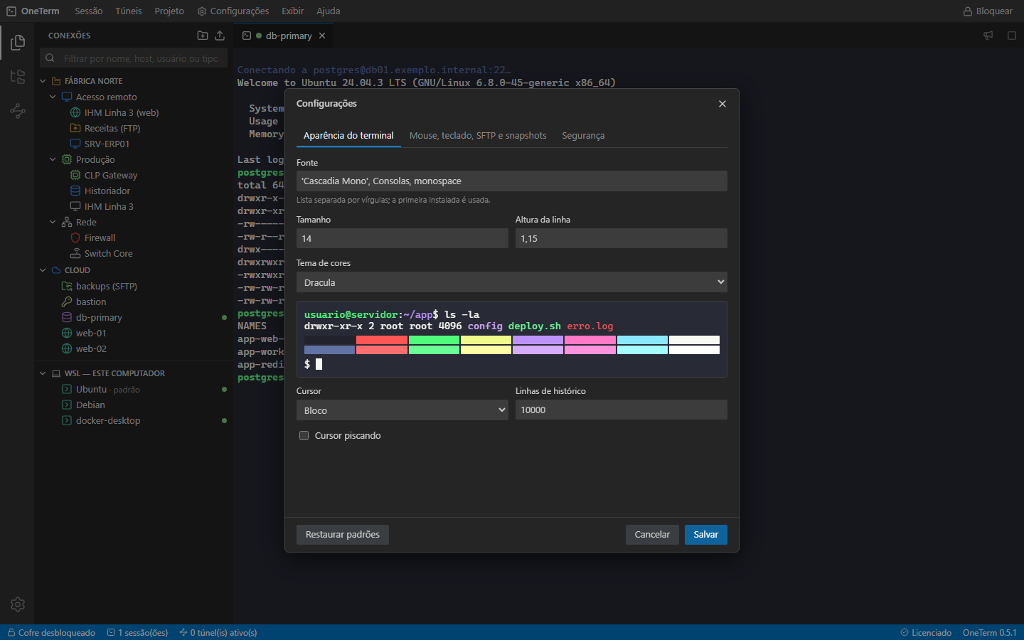 Configurações de fonte e tema do terminal