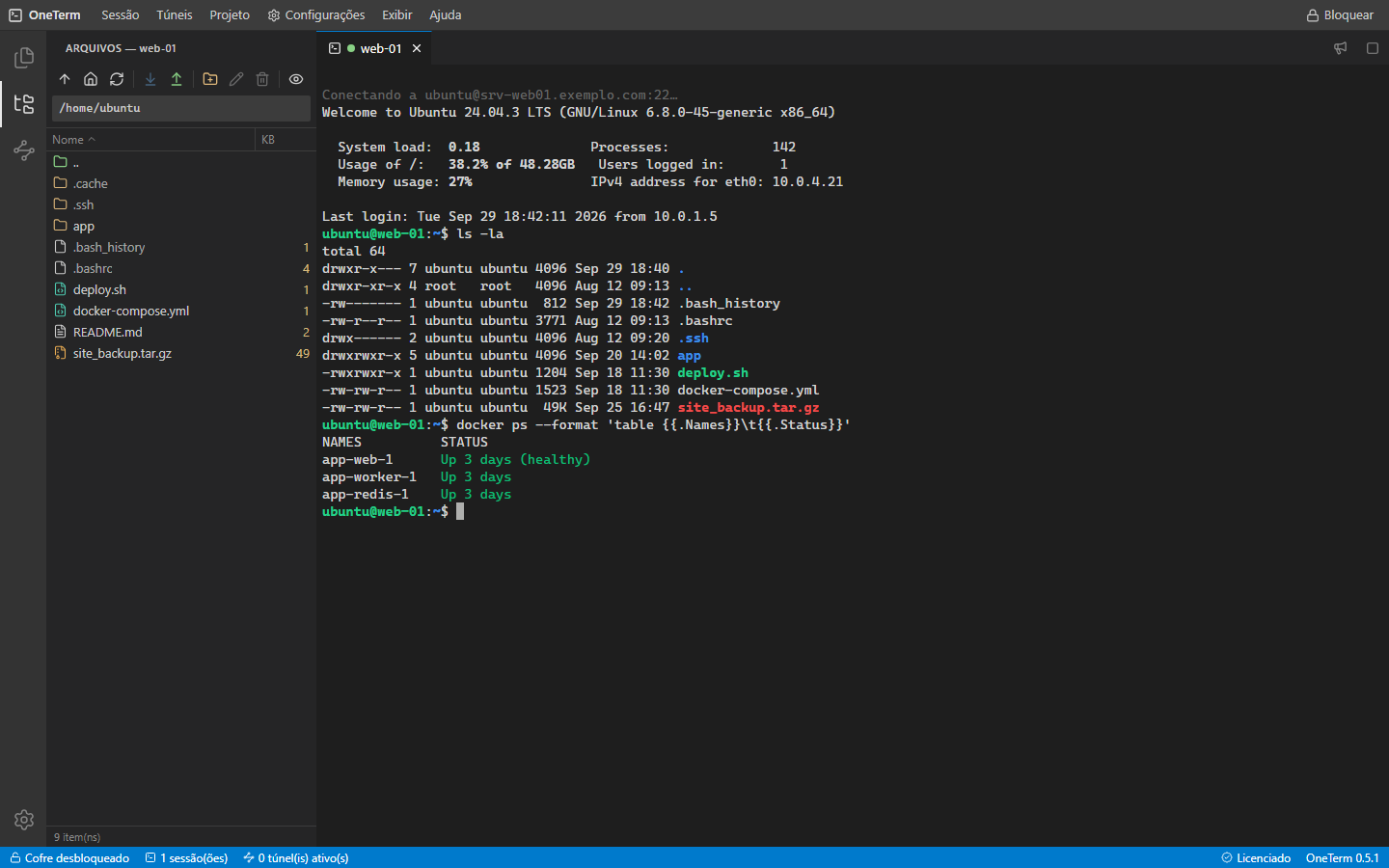 Terminal SSH do OneTerm com o navegador de arquivos ao lado